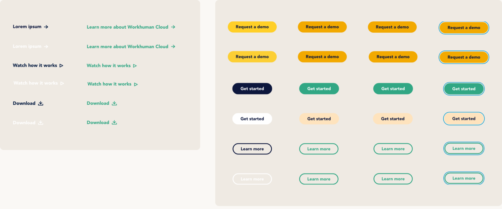 Grid of button styles drawn from the pre-Aura audit: varied shapes, fills, stroke weights, and label treatments with no shared visual language