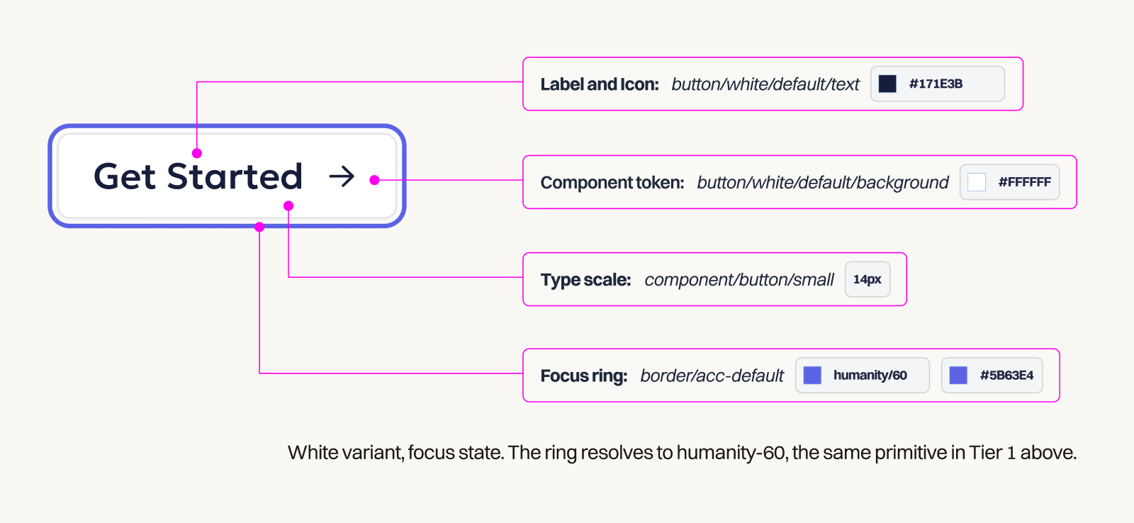 Annotated white button in focus state
