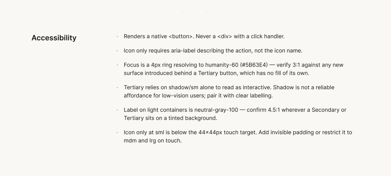 Aura button documentation — Accessibility: native element, aria-label, focus ring, touch target, and contrast rules