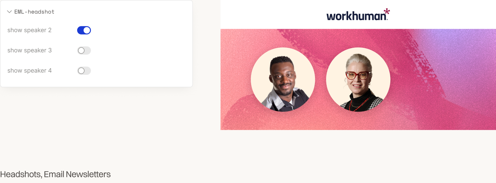 Echo EML-headshot component panel: speaker visibility toggles on the left; rendered email headshot row on the right