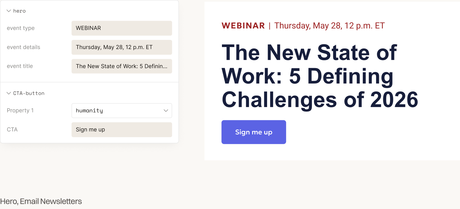 Echo email hero component: event title and CTA inputs on the left; ‘The New State of Work’ email hero with ‘Sign me up’ CTA on the right
