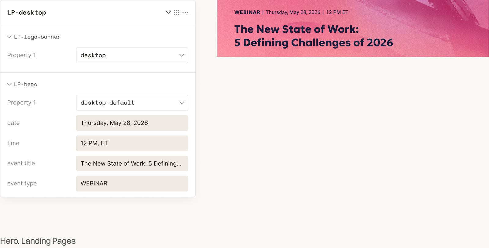 Echo LP-hero component panel: date, time, event type, and title properties on the left; rendered webinar landing page hero banner on the right
