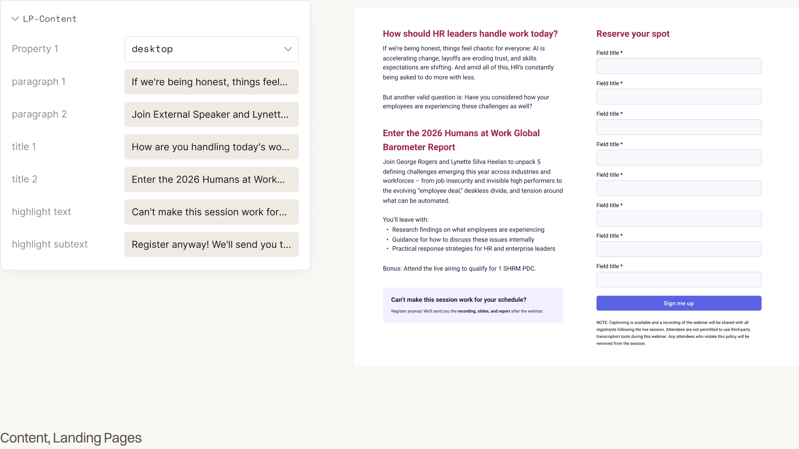 Echo LP-Content component panel: paragraph and headline text inputs on the left; rendered two-column webinar body and registration form on the right
