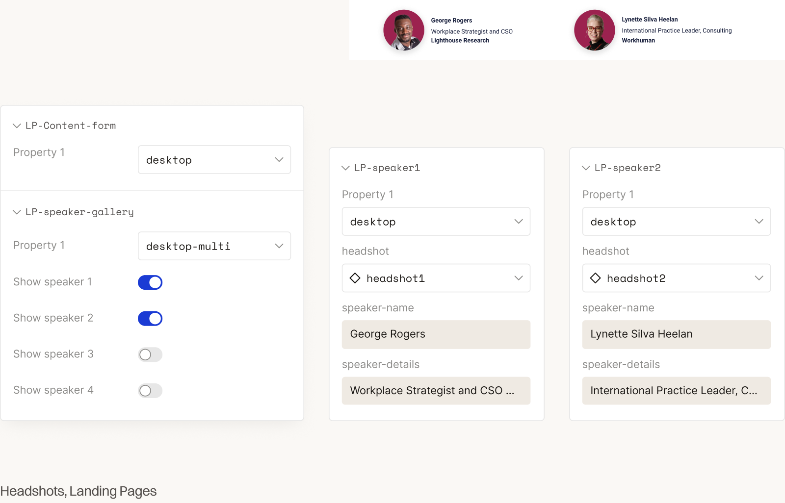 Echo LP-speaker-gallery: headshot and name inputs on the left; speaker grid with George Rogers and Lynette Silva Heelan on the right