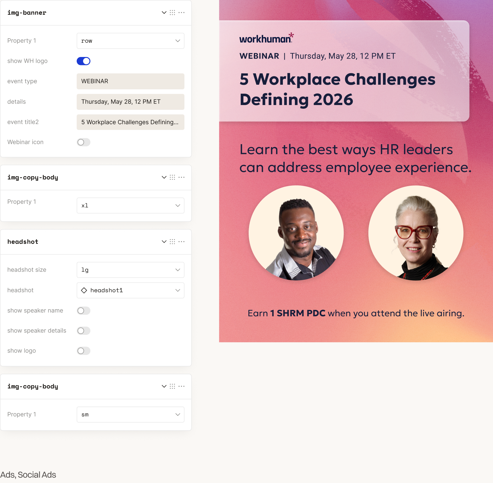 Echo social ad component: img-banner, img-copy-body, and headshot inputs on the left; Meta Traffic Static Image ad at three sizes on the right