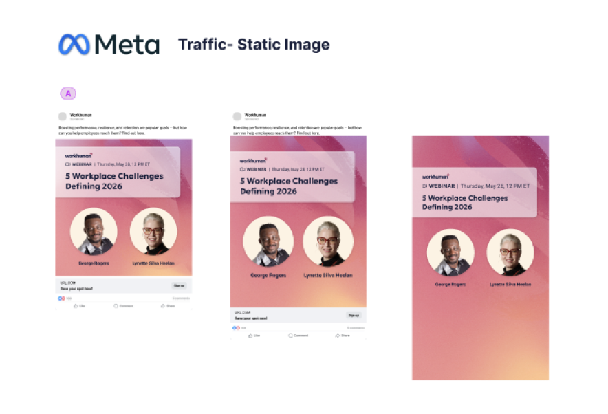Meta Traffic Static Image ad for ‘5 Workplace Challenges Defining 2026’ webinar at square, portrait, and landscape sizes