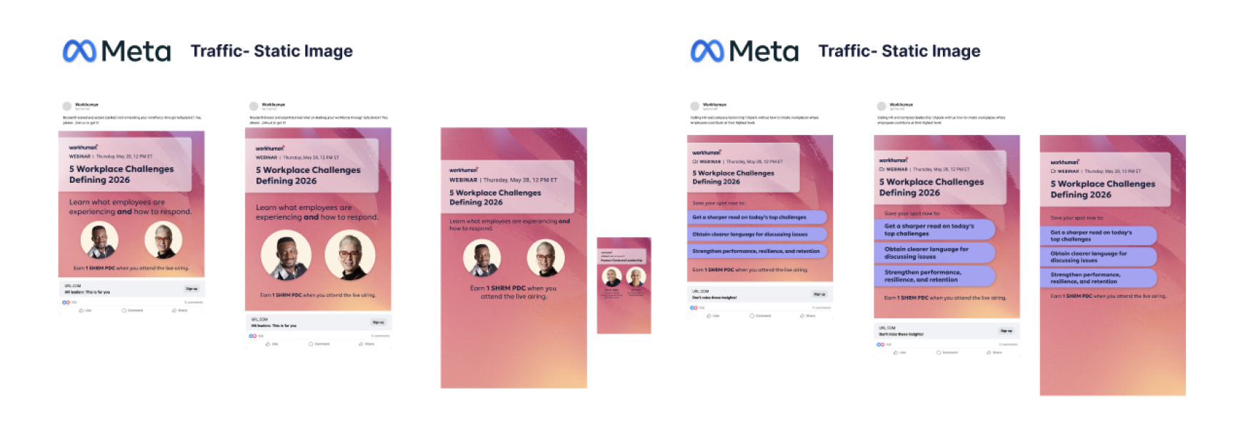 Meta Traffic Static Image variants: speaker-only and benefit-copy creative directions, each at multiple ad sizes