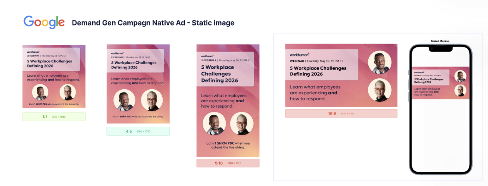 Google Demand Gen Native Ad for ‘5 Workplace Challenges Defining 2026’ webinar at 1:1, 4:5, 9:16, and 16:9 plus phone-scaled view