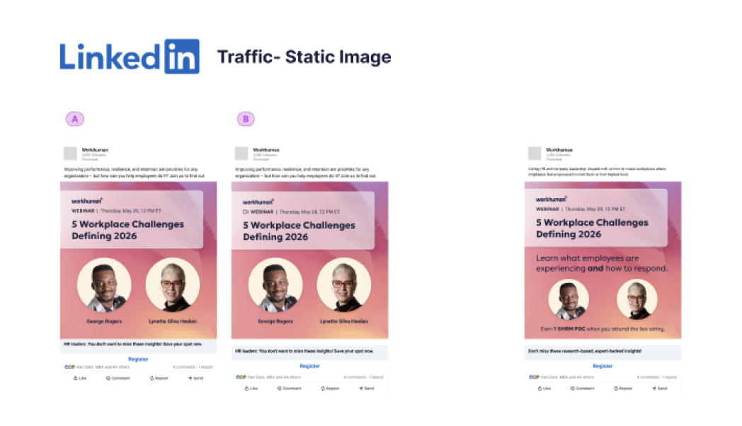 LinkedIn Static Image ad for ‘5 Workplace Challenges Defining 2026’ webinar: variants A and B with headshot format, C with benefit-copy