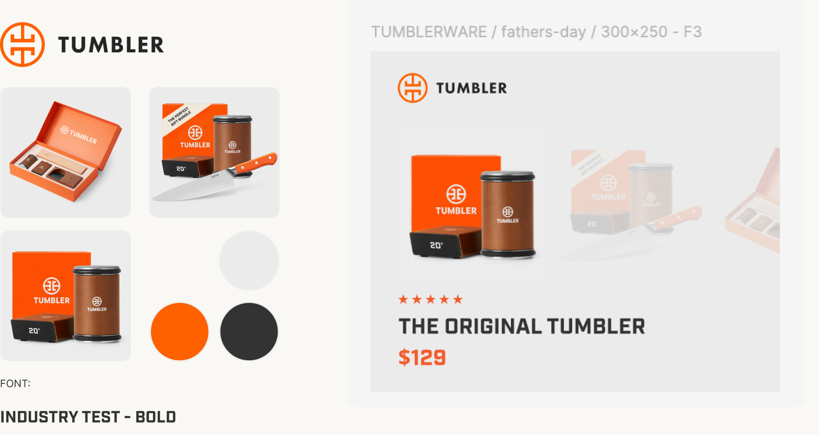 Marly per-client layer (Tier 2): Tumblerware brand brief — logo, product image, palette swatches, typeface, and rendered 300×250 ad