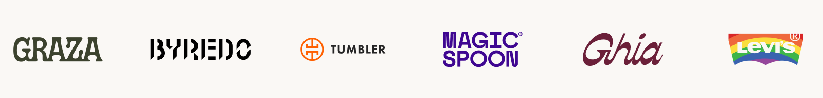Marly brand range: Graza, Byredo, Tumbler, Magic Spoon, Ghia, and Levi’s logos representing spec builds completed through the pipeline