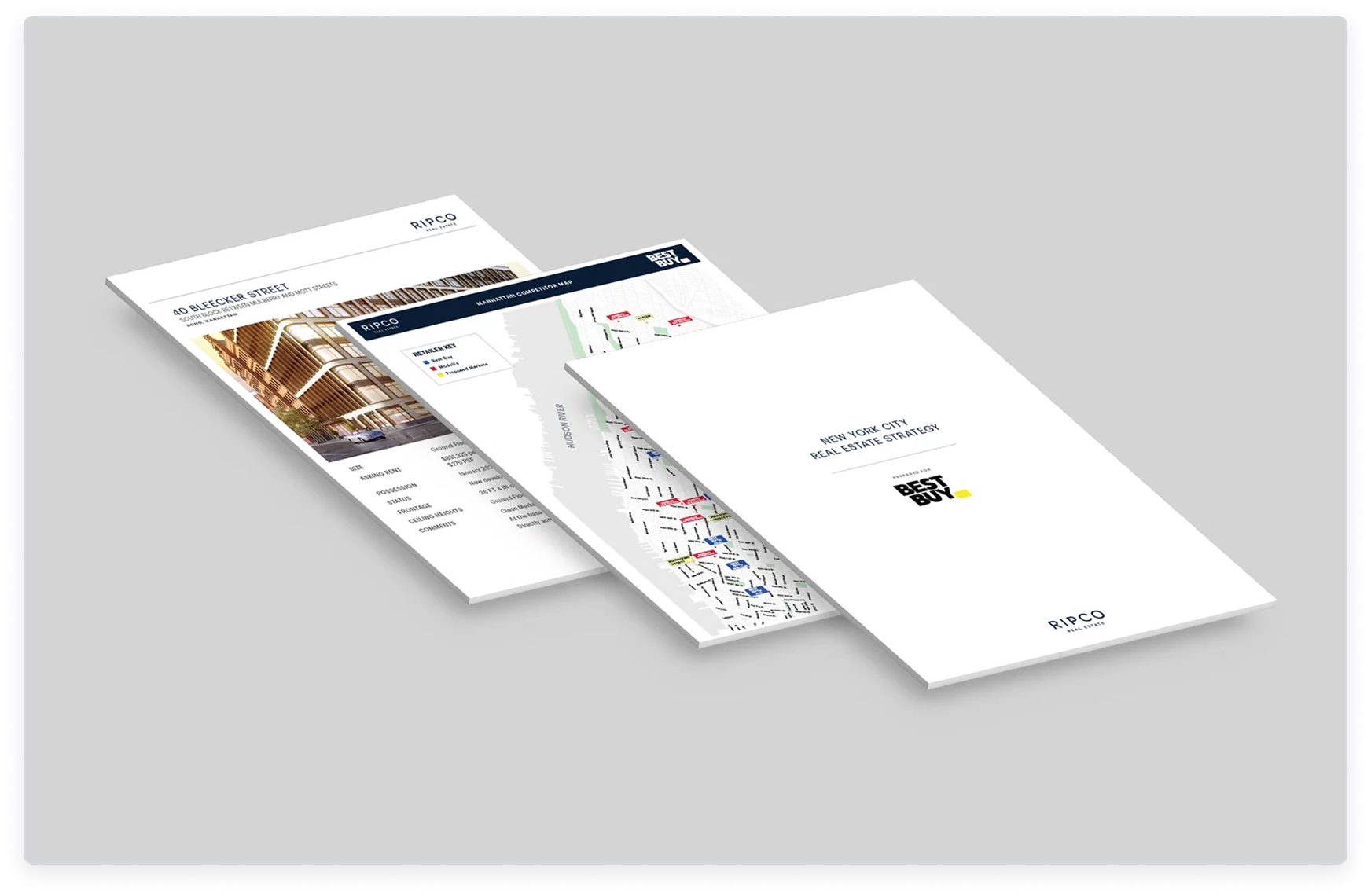 Ripco Real Estate documents for Best Buy: 40 Bleecker Street listing, Manhattan competitor map, and New York City Real Estate Strategy cover