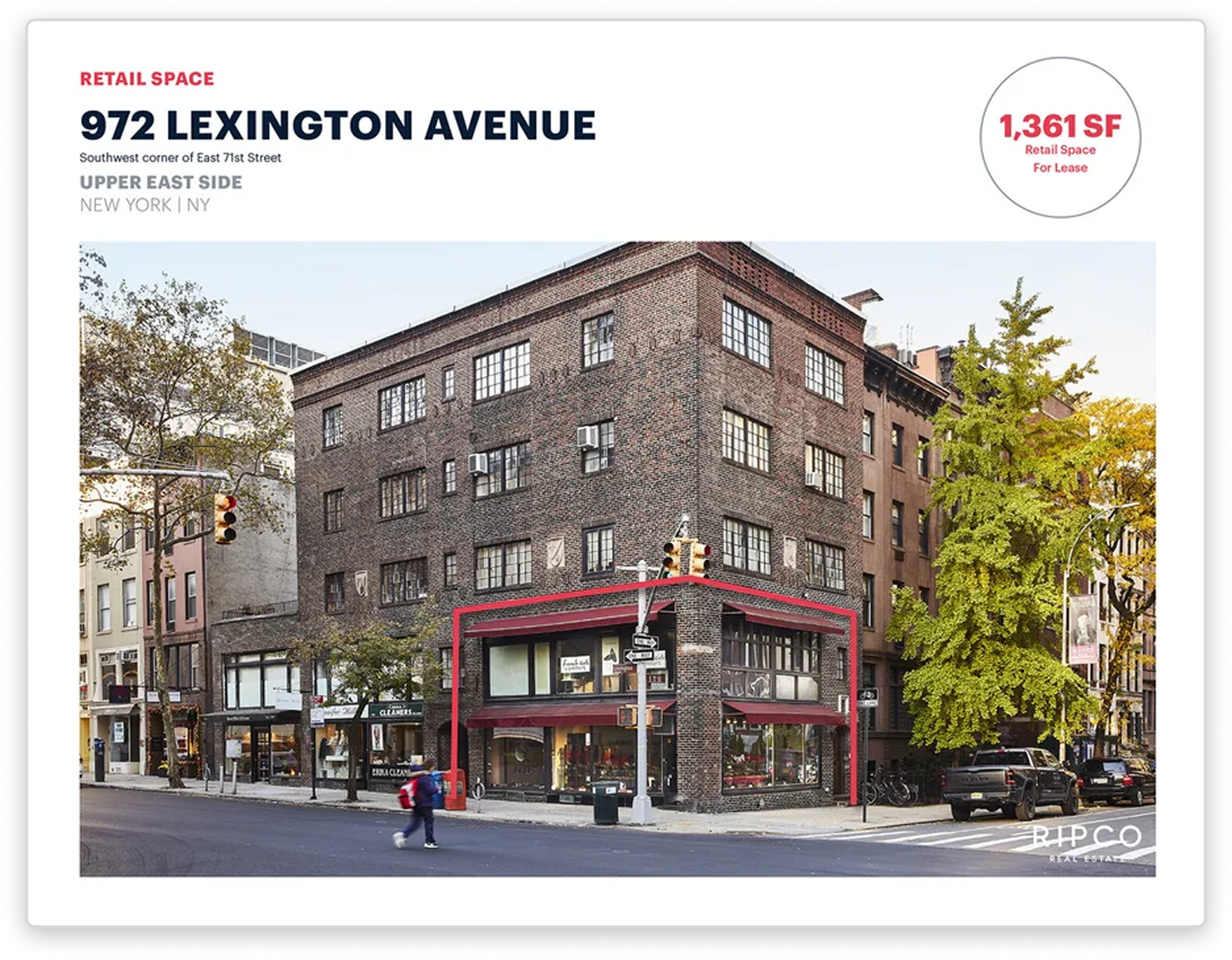 Ripco property listing for 972 Lexington Avenue: Upper East Side corner building with the 1,361 SF ground-floor retail unit outlined in red