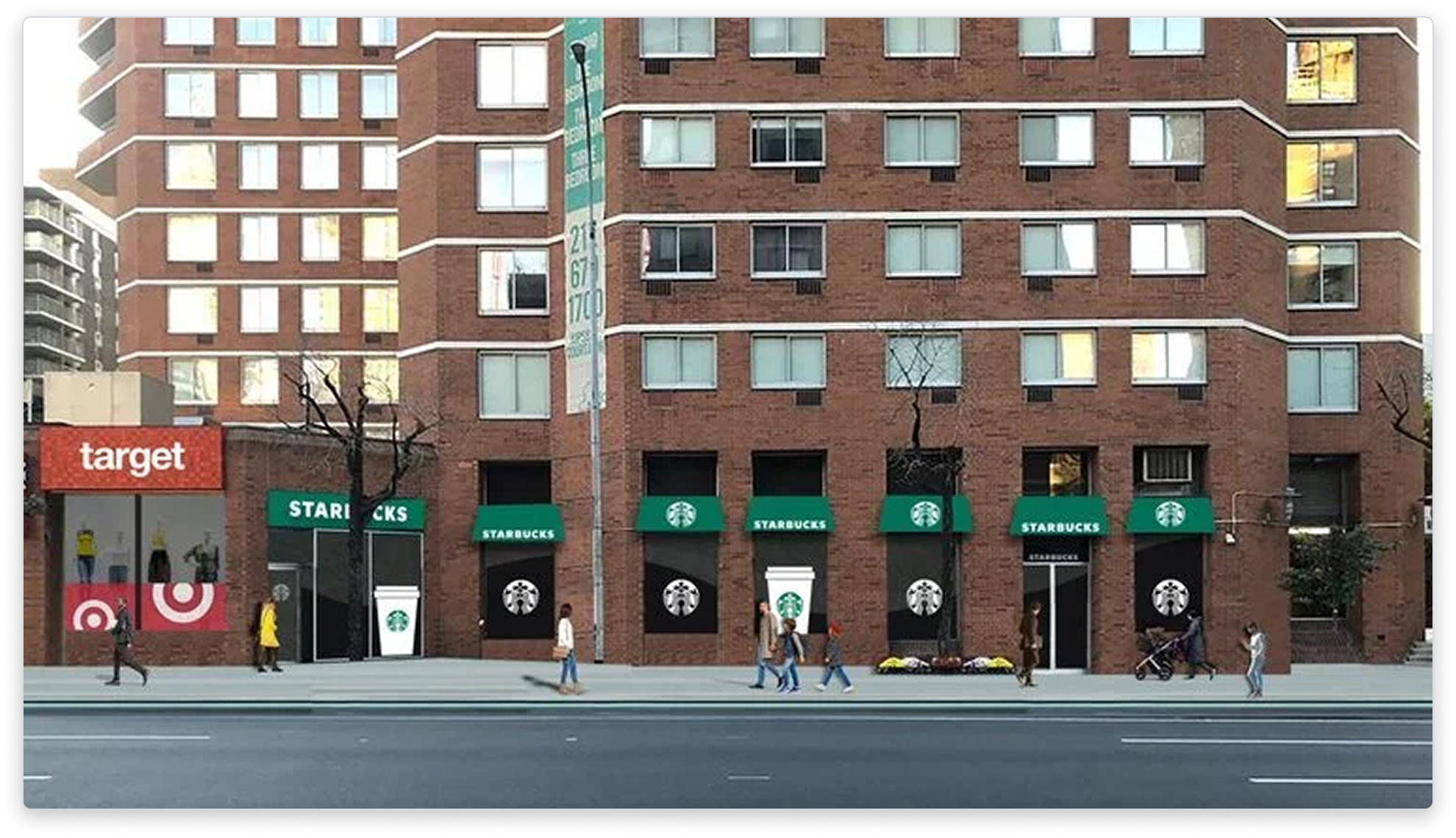 Composite placing Starbucks and Target storefronts into an existing retail corridor