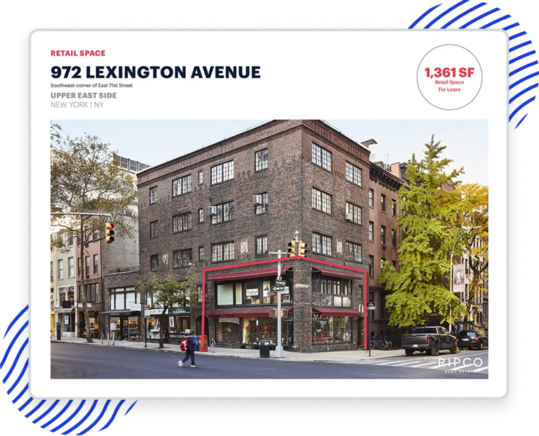 Ripco Real Estate property listing card for 972 Lexington Avenue: branded layout with 1,361 SF Retail Space For Lease badge