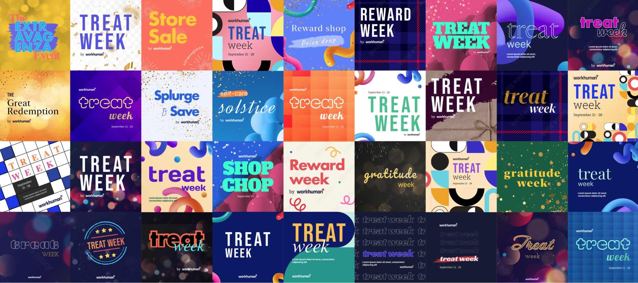 Treat Week concept exploration: thirty-six visual directions spanning campaign names, logo styles, themes, and color systems