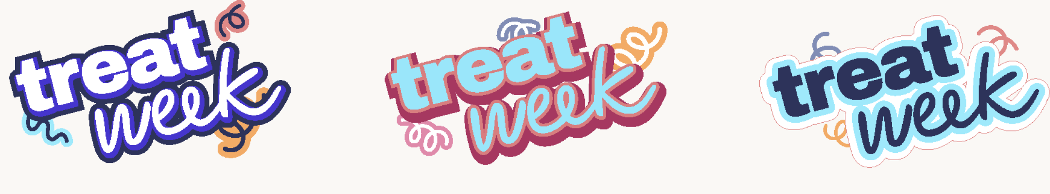 Treat Week sticker-style lockup studies: distressed stamp, layered colorblock, and clean script-plus-serif with confetti marks