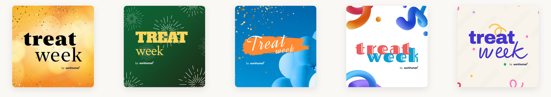 Treat Week logotype explorations in circular crop: warm gold, forest green, electric blue, coral orange, and indigo palette directions