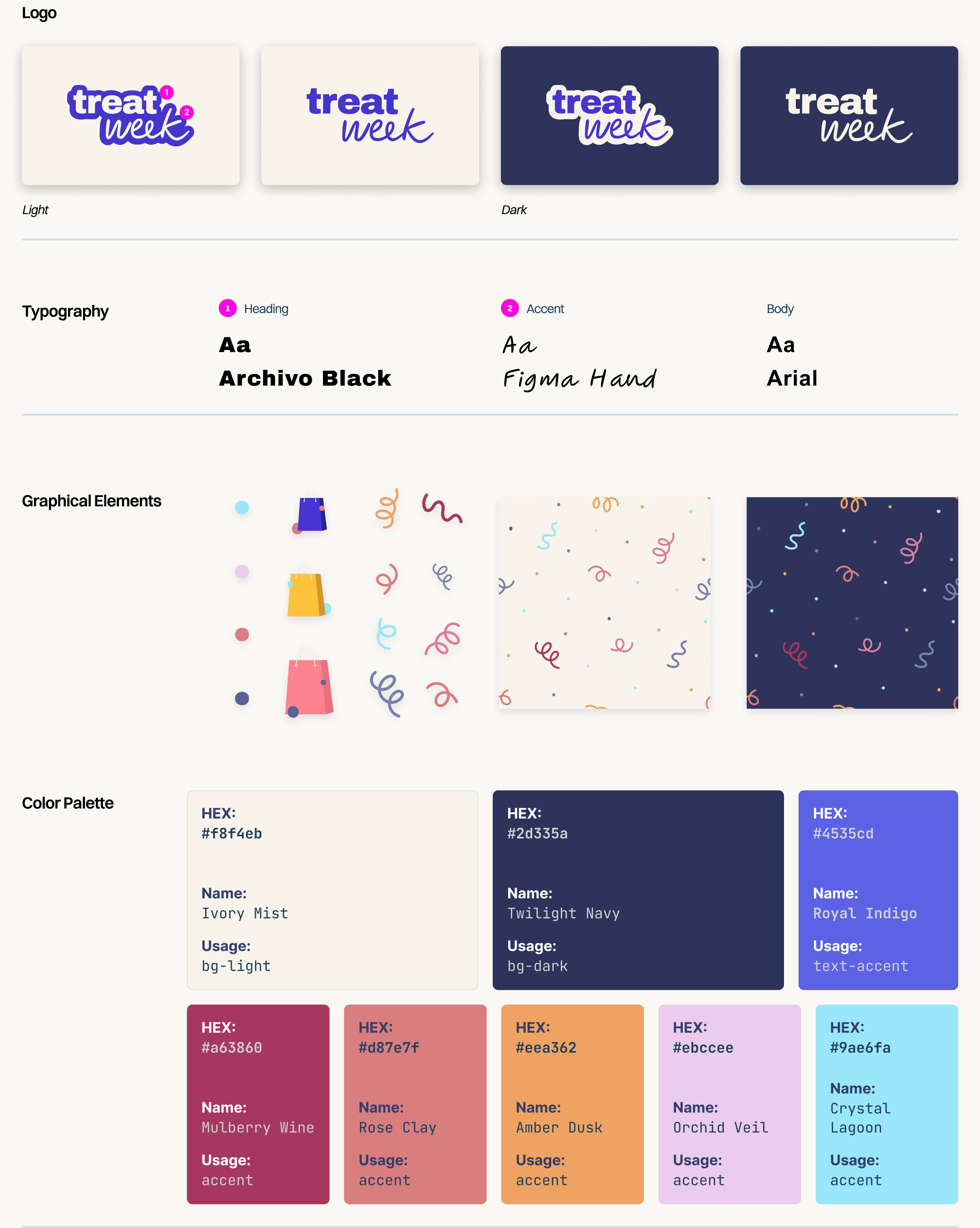 Treat Week brand system: story tiles, horizontal banner, and square posts in the illustrated style with shopping-bag motifs