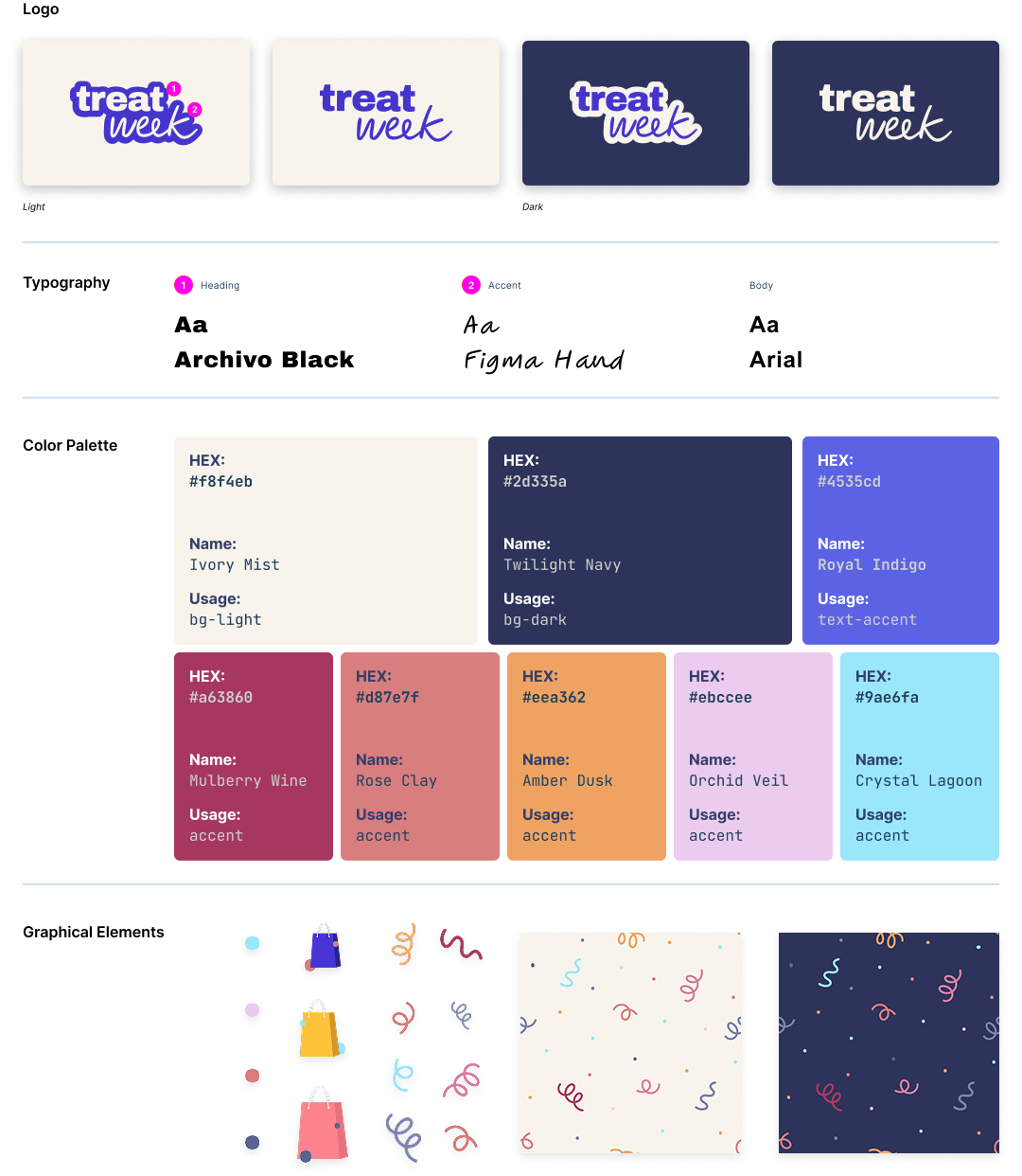 Design system panel — logo, typography, color palette, graphical elements