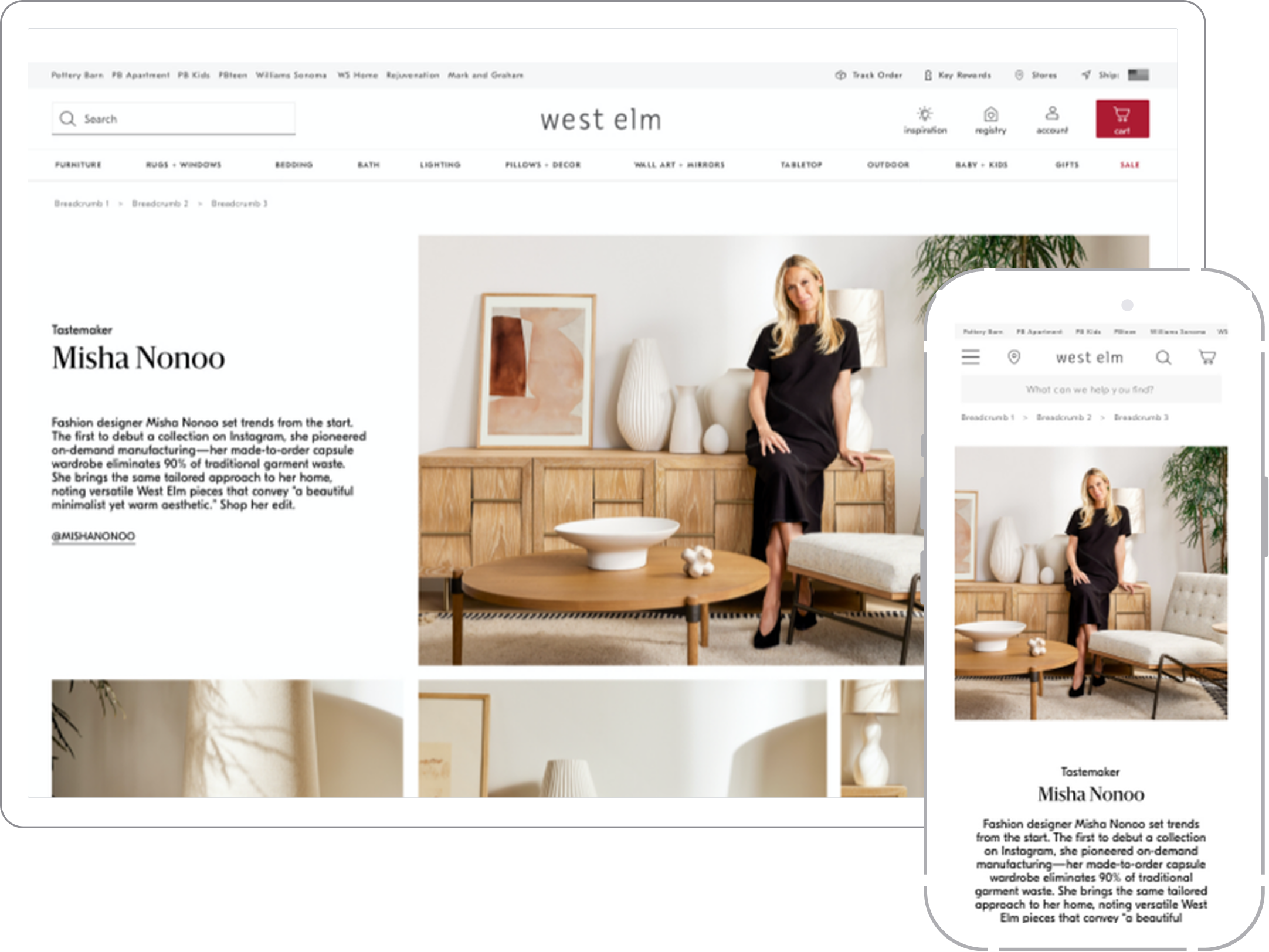 West Elm Tastemaker editorial for Misha Nonoo shown at desktop and mobile breakpoints
