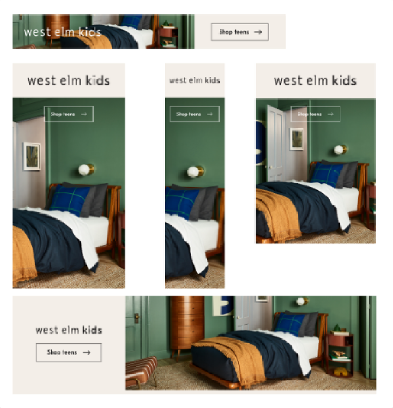 West Elm Kids ‘Shop teens’ email banner across leaderboard, portrait, and tile formats