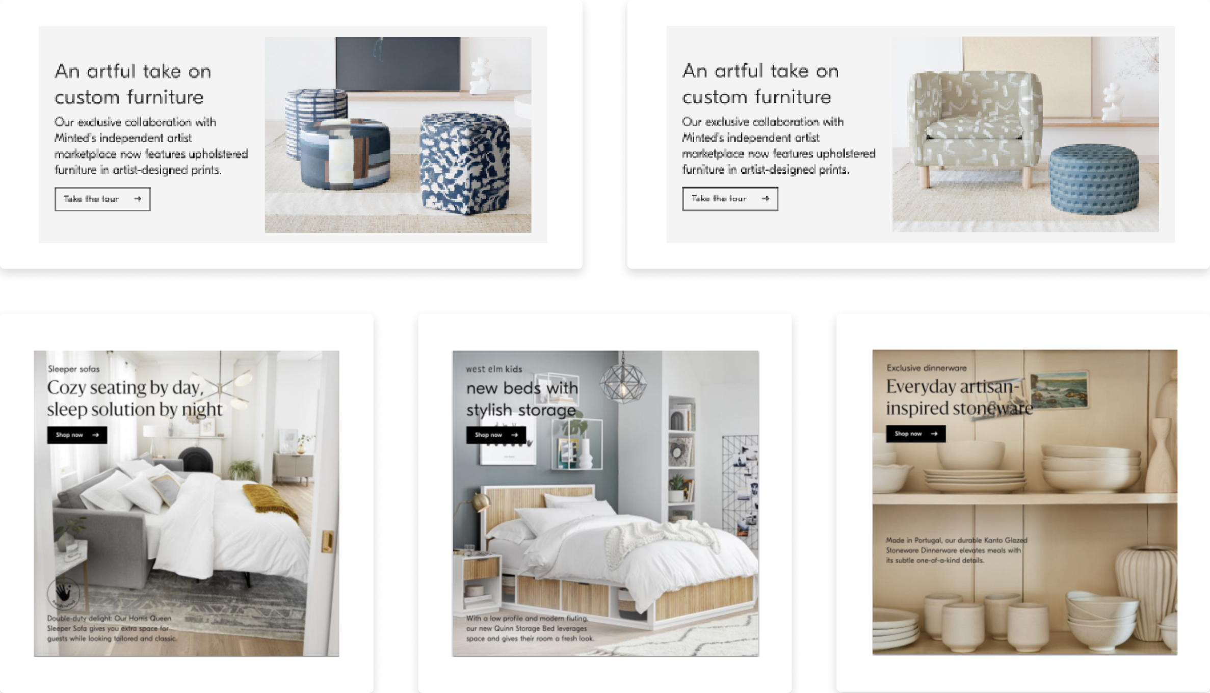 West Elm email modules: Minted × West Elm furniture banners and product emails (sleeper sofas, storage beds, artisan stoneware)