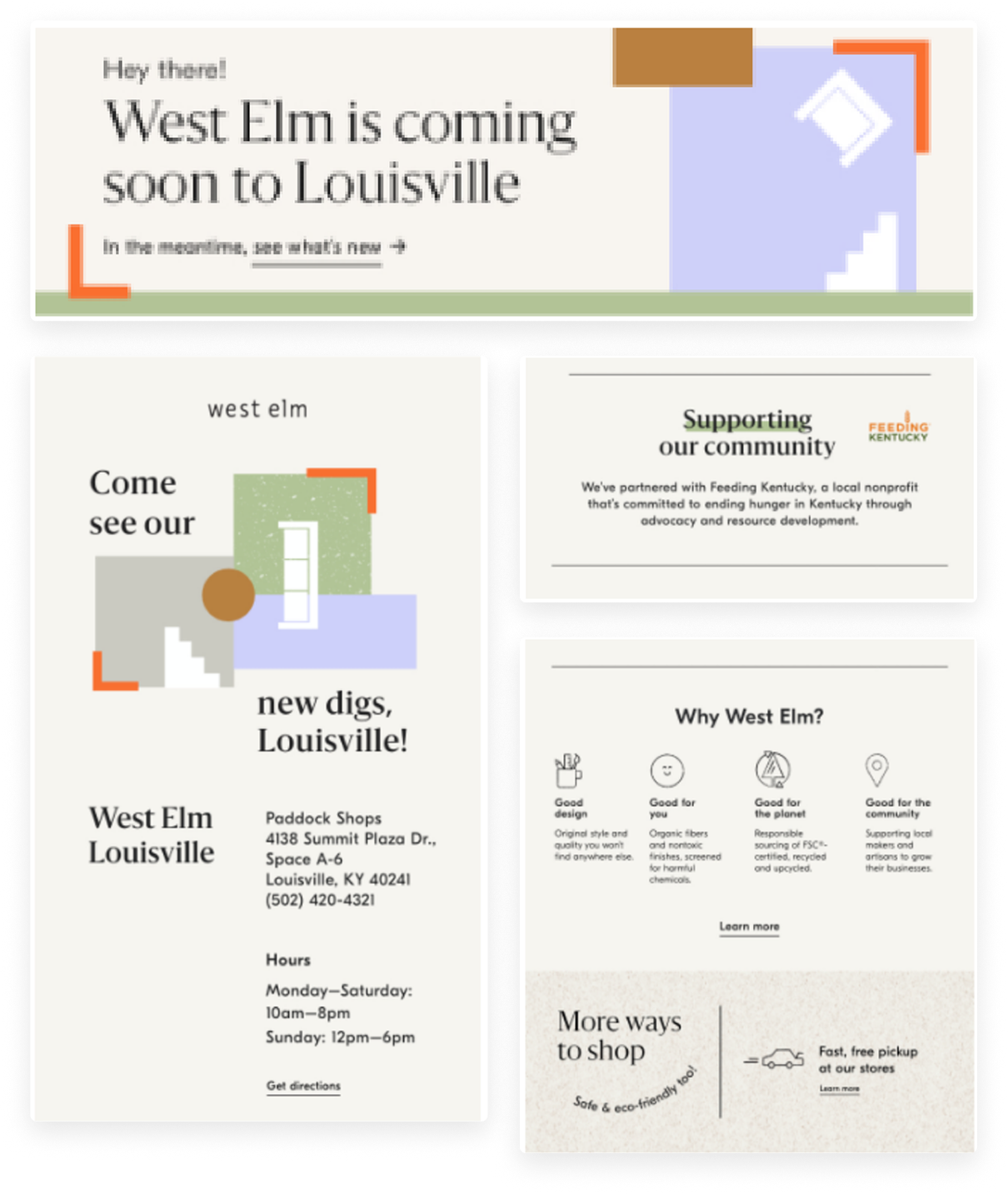 West Elm Louisville store opening: pre-opening teaser, grand-opening invitation, Feeding Kentucky nonprofit, and brand values strip