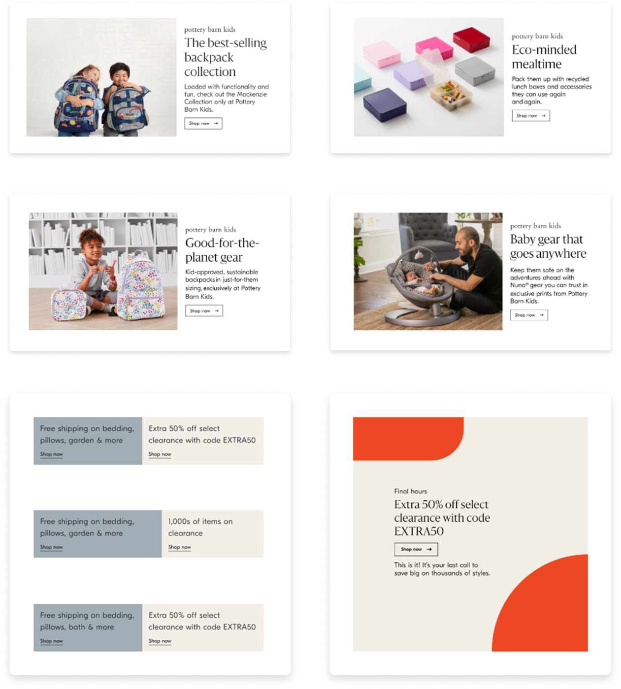 West Elm and Pottery Barn Kids product emails (backpacks, eco lunchware, planet gear, baby gear) plus Williams Sonoma clearance sale