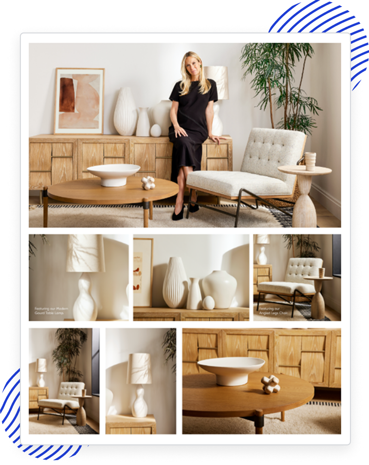 West Elm editorial: woman in styled room with furniture; six detail tiles labeling the Modern Ground Table Lamp and Angled Legs Chair