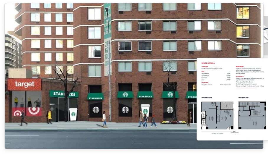 Property composite — Starbucks and Target retail space with site book details and floor plans