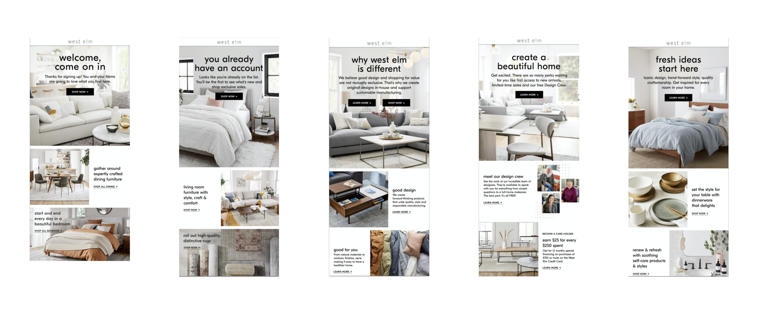 West Elm email campaigns — mobile layouts