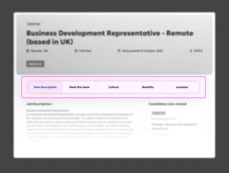 Job browse page — filter by location, department, and role type with color-coded tags
