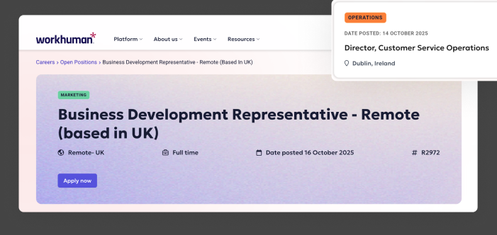 Job detail page — 5-tab system: Role, Team, Culture, Benefits, Location