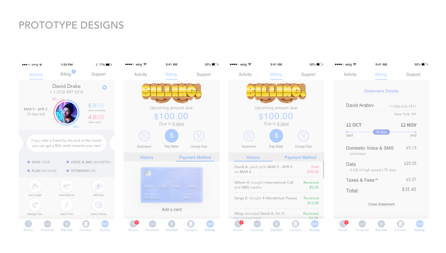 App prototype screens — usage dashboard and billing