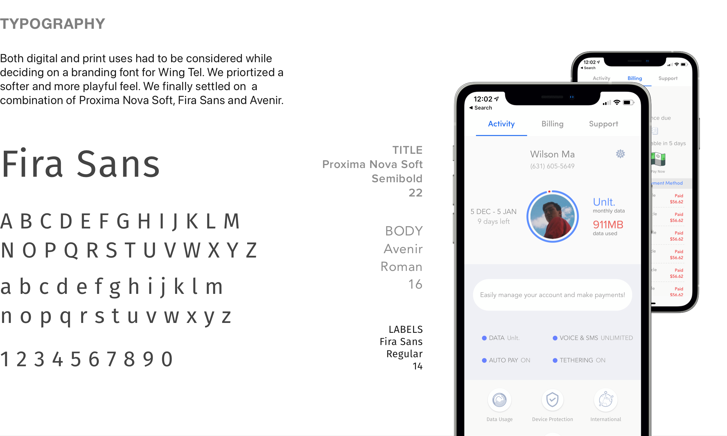 Wing Tel typography system and iOS app mockups