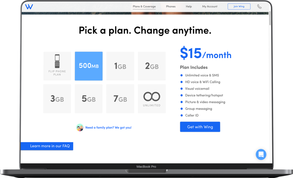 Wing Tel web — plan selection page