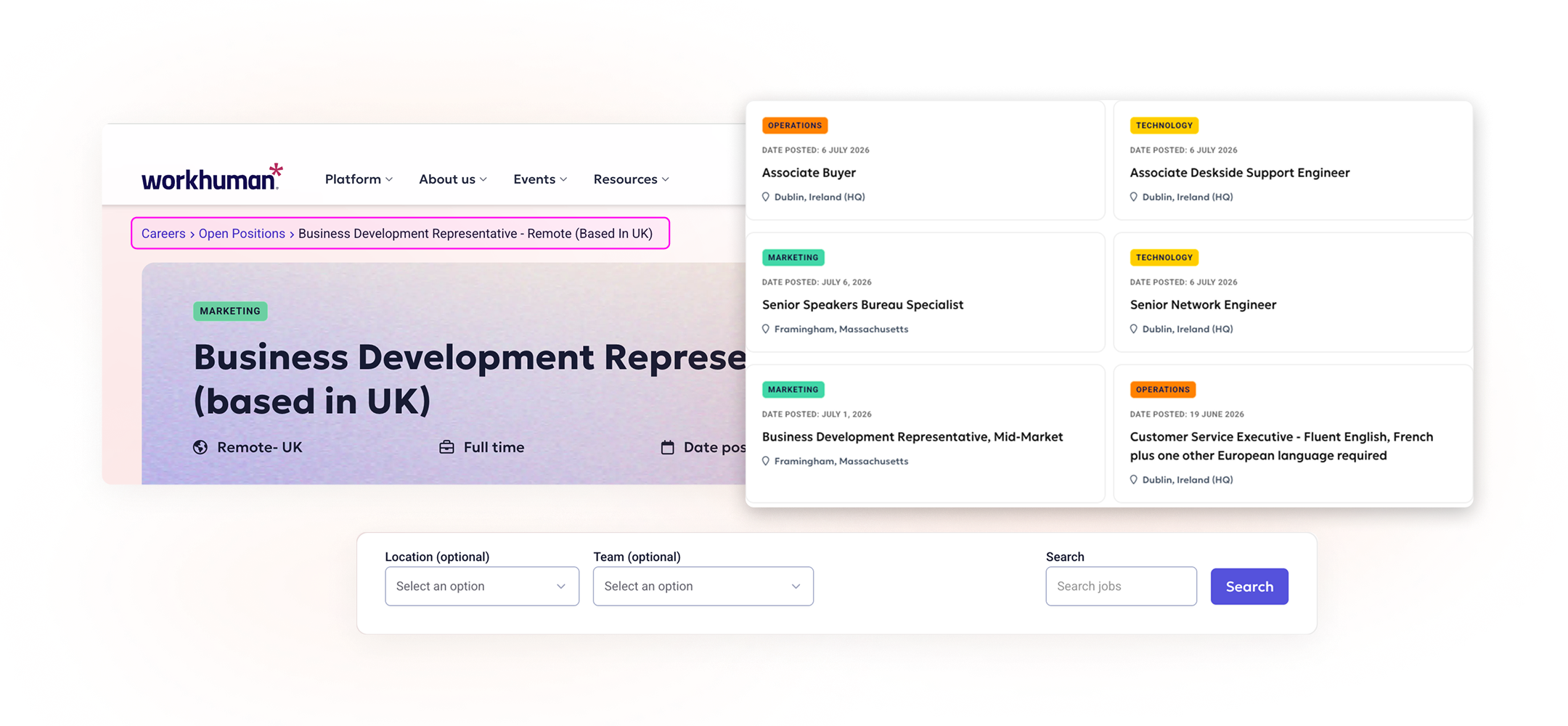 Layer 2 — Job detail five-tab mock with Candidates Also Viewed rail